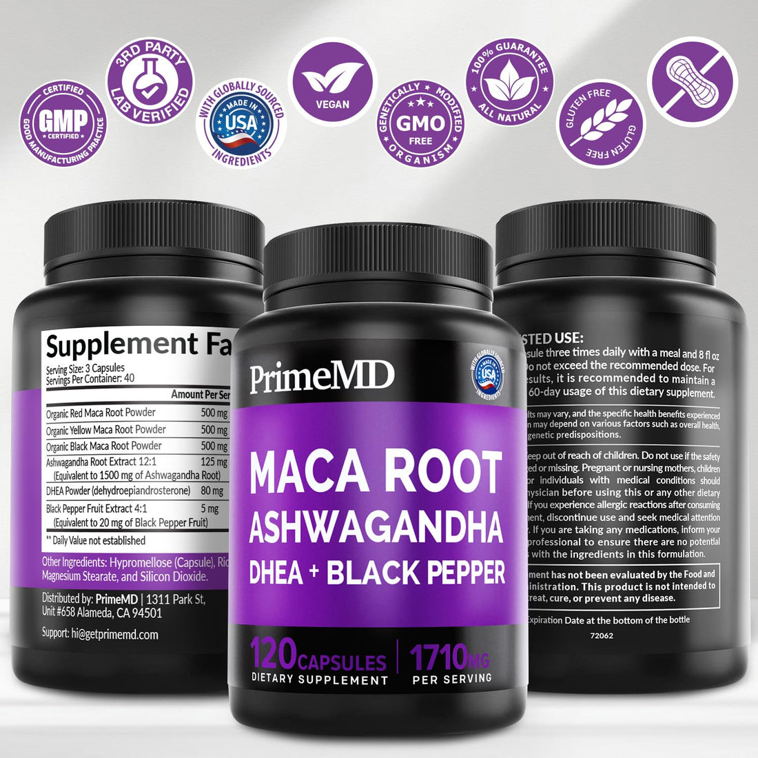 6-in-1 Organic Maca Root Ashwagandha Capsules 1710mg with DHEA and Black Pepper Fruit Extract for Women and Men - Black Maca Supplement for Stamina, Bone and Mood Support Supplement, 120ct (Pack of 3) PrimeMD Au supplements