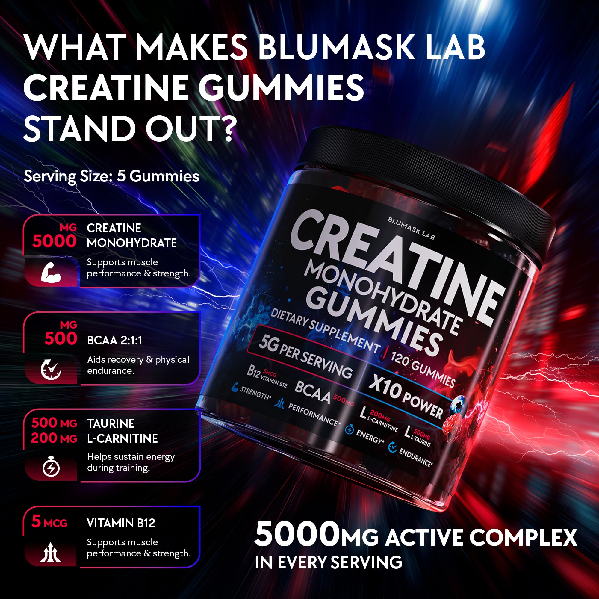 Creatine Monohydrate Gummies Complex 5000 MG for Men & Women, Preworkout Gummy with BCAA, L-Carnitine, Taurine & Vitamin B12 for Muscle Growth, Strength & Energy Support , Flavored and Chewable Blumask Lab Au supplements