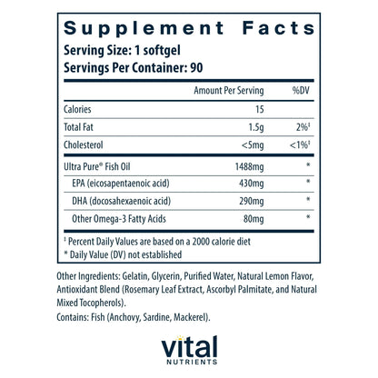Vital Nutrients Ultra Pure® Fish Oil 800 Triglyceride Form - Heart, Brain, & Immune Health* - Sustainably Sourced High EPA & DHA Omega-3 Fatty Acid - Lemon Flavor - Gluten, Dairy, Soy Free - 90 Count Vital NutrientsAU supplements