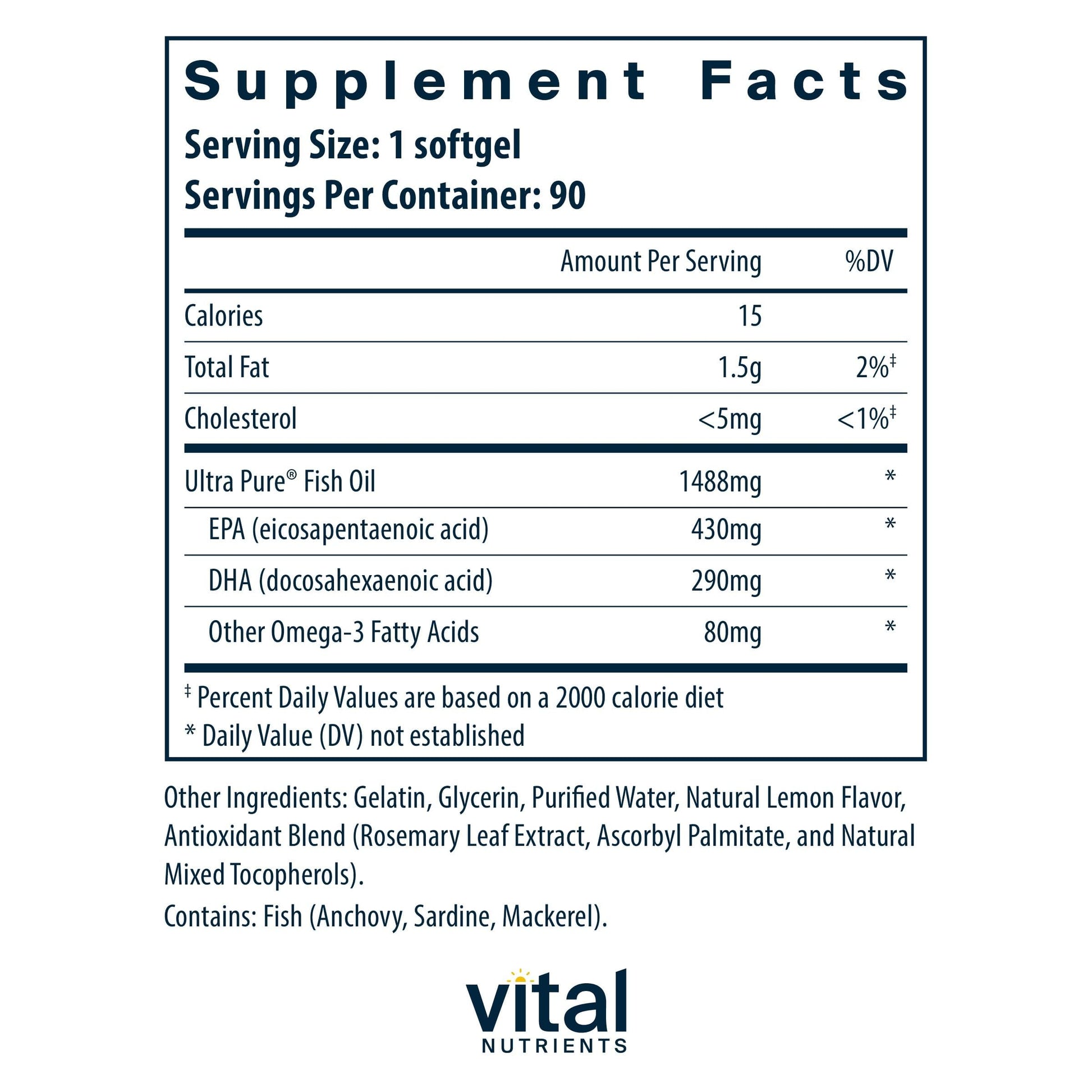 Vital Nutrients Ultra Pure® Fish Oil 800 Triglyceride Form - Heart, Brain, & Immune Health* - Sustainably Sourced High EPA & DHA Omega-3 Fatty Acid - Lemon Flavor - Gluten, Dairy, Soy Free - 90 Count Vital Nutrients Au supplements