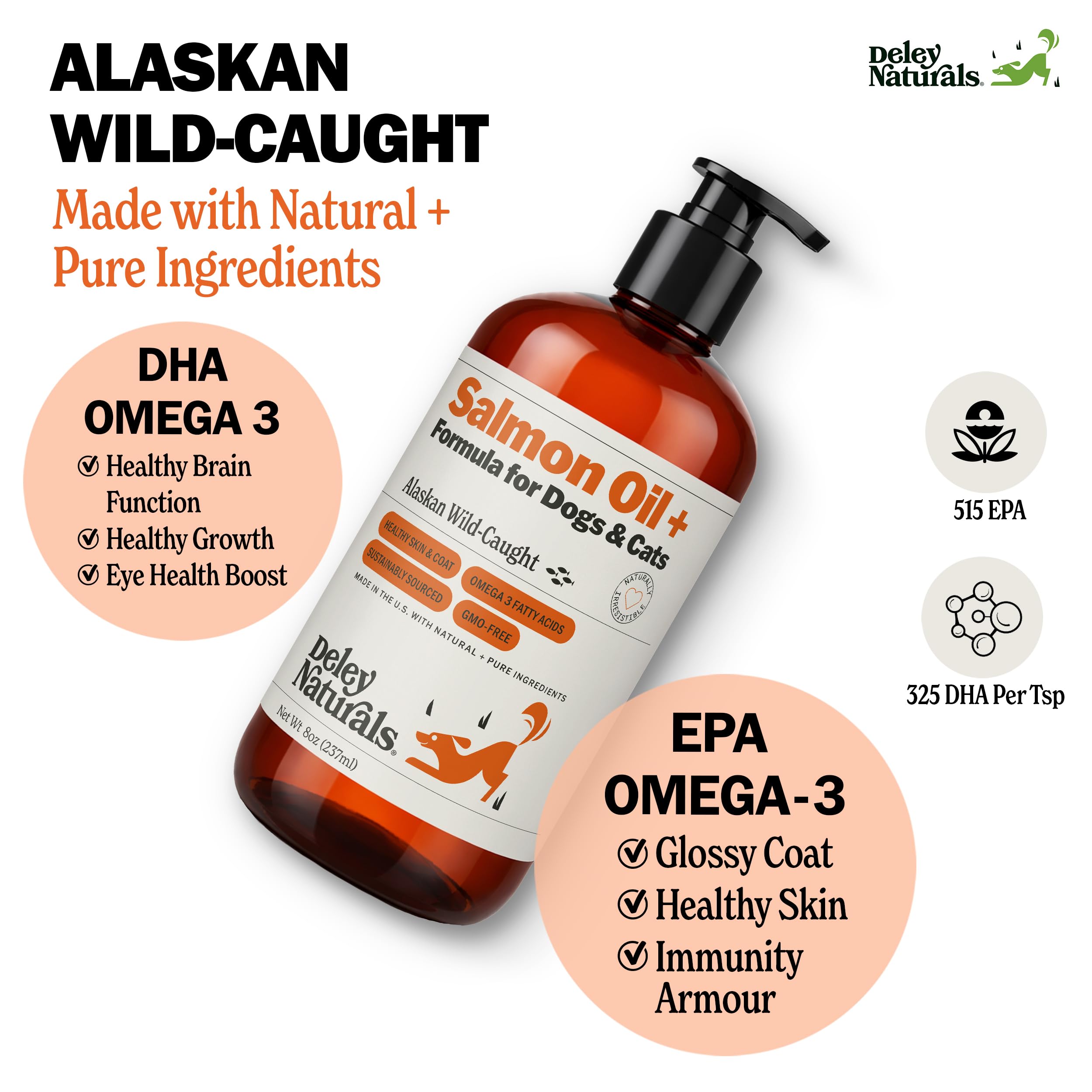 Deley Naturals Wild Alaskan Salmon Oil for Dogs & Cats - New and Improved Salmon Oil Plus Formula - Fish Oil for Dogs with Omega 3, DHA and EPA - Omega 3 for Healthy Skin and Coat - 8oz Made in USA Deley Naturals Au supplements