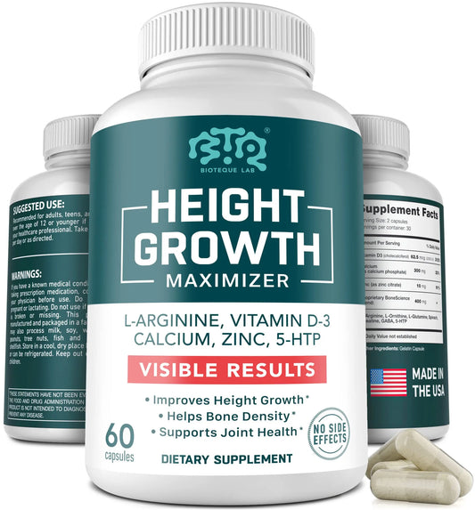 BIOTEQUELAB Height Growth Maximizer, Calcium, Vitamin D3 and Zinc Blend Pills, Bone Growth Supplement for Kids and Teens, Bone Strength, Density Support, GMO-Free, Gluten-Free, Made in USA, 60 Caps BTQ BIOTEQUE LABAU supplements