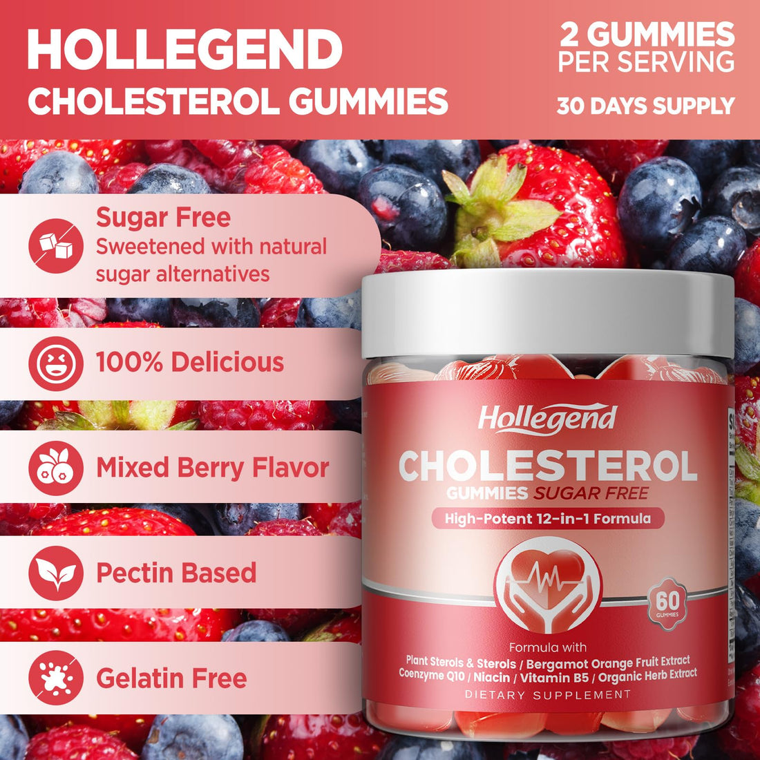 HOLLEGEND Cholesterol Gummies Sugar-Free,12-in-1 Cholesterol Supplements with Plant Sterols,Citrus Bergamot,CoQ10 and Vitamins for Cholesterol Health, Vegan, Mixed Berry Flavor, 60 Counts HOLLEGEND Au supplements