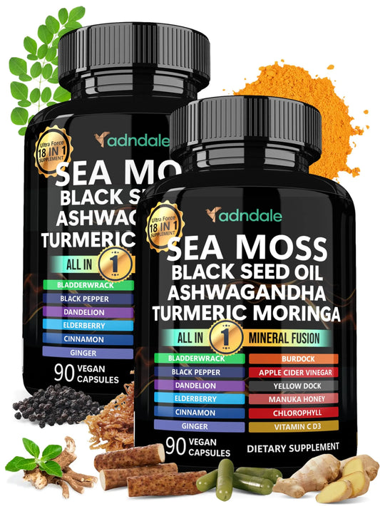 Adndale Sea Moss Capsules - Sea Moss Blend with Ashwagandha, Turmeric & Black Seed Oil - 180 Count AdndaleAU supplements