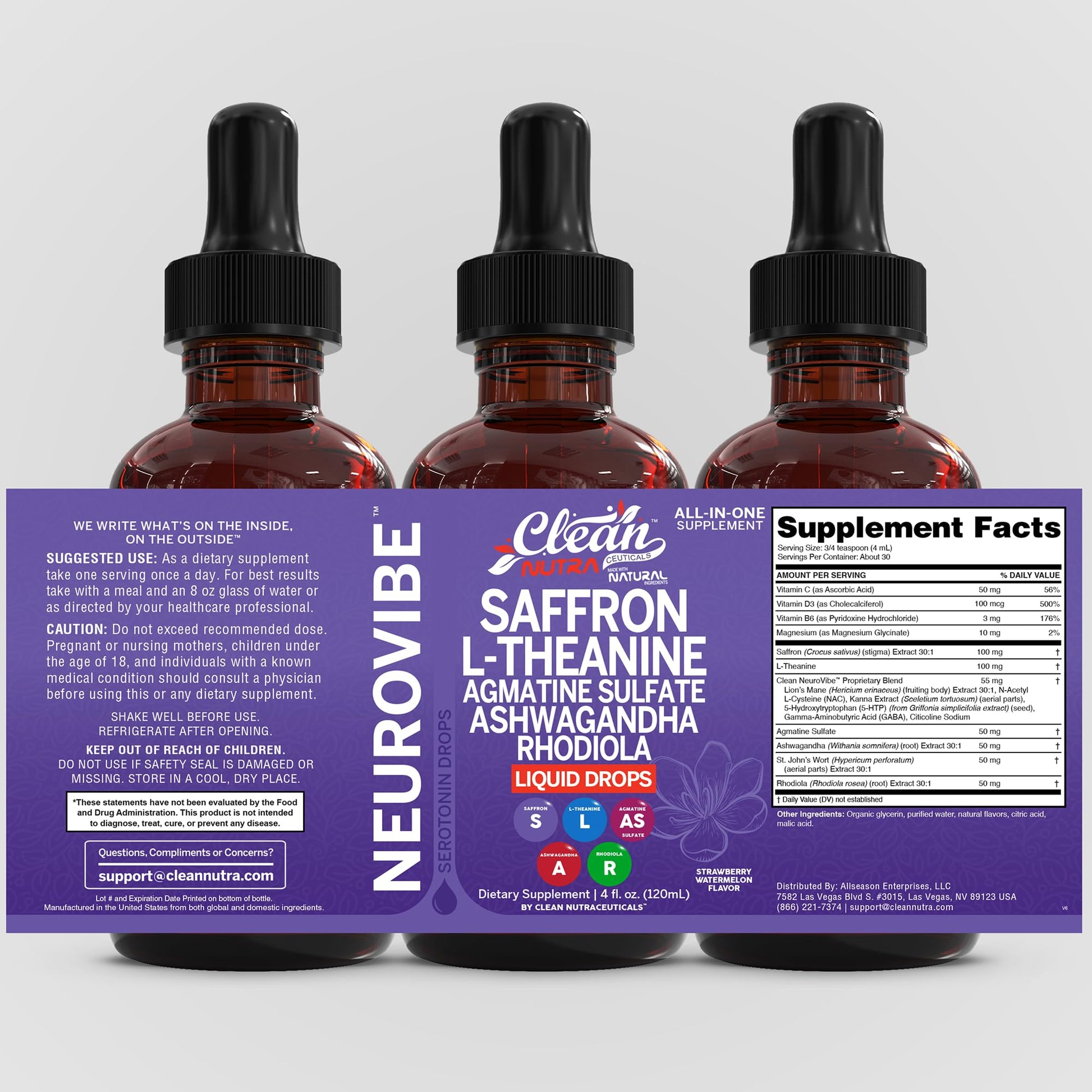 Saffron Supplements Liquid Drops L-Theanine Agmatine Sulfate Ashwagandha Magnesium Glycinate B6 Magnesium Stress Relief Mood Support 5-HTP GABA Supplement Vitamin D 4oz by Clean Nutra Clean Nutraceuticals buy supplements Au