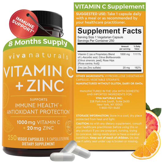 Viva Naturals Vitamin C and Zinc Supplement (250 Capsules) - 1000 mg Vitamin C with Zinc 20 mg Antioxidant Supplements for Immune Support, Vitamin Supplement for Adults Viva NaturalsAU supplements