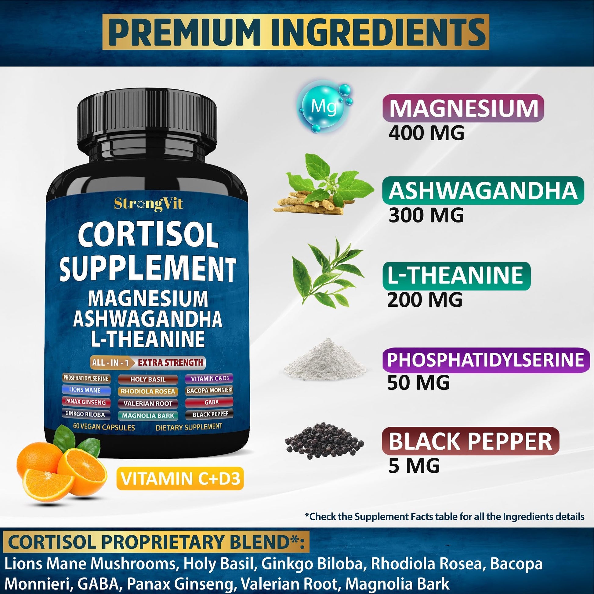 StrongVit Cortisol Supplements for Women and Men with Magnesium, Ashwagandha & L-Theanine. High Cortisol Reducer, Manager, Detox, Lower and Control. Sleep Support & Stress Relief, USA StrongVit Au supplements