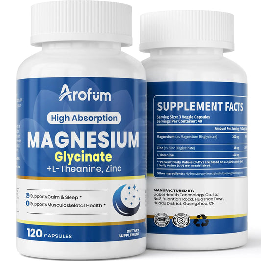 AROFUM Magnesium Glycine 200 mg, with L-theanine and Zinc Glycine – Magnesium Supplement to Help Soothe Emotions, Balance Stress, and Promote restful Sleep – Non-GMO Vegan Capsules, 120 Capsules ArofumAU supplements