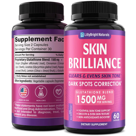 Glutathione Capsules - 1,500mcg L-Glutathione Supplement with Vitamin C - Skin Tone Enhancer - Targets Dark Spots & Acne Marks - Antioxidant Supplement for Beauty & Health Support - 60 Skin Pills LB LILLYBRIGHT NATURALSAU supplements