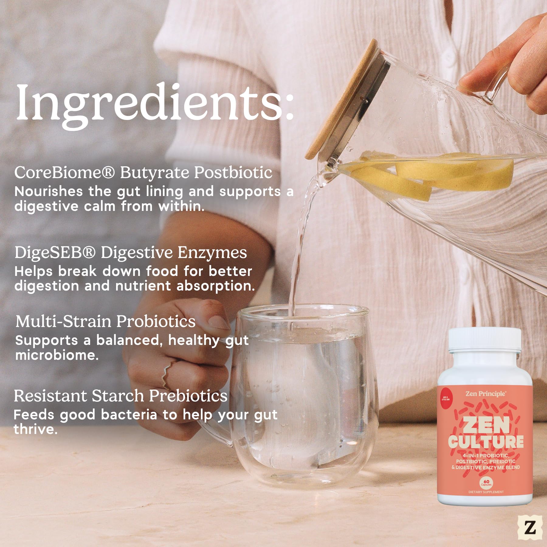 Zen Principle Zenculture™ – 4-in-1 Synbiotic Supplement (Probiotic + Prebiotic + Postbiotic + Digestive Enzymes) with CoreBiome®. Anti Bloating, Immune & Brain-Gut Health. 60 Capsules Zen Principle Au supplements