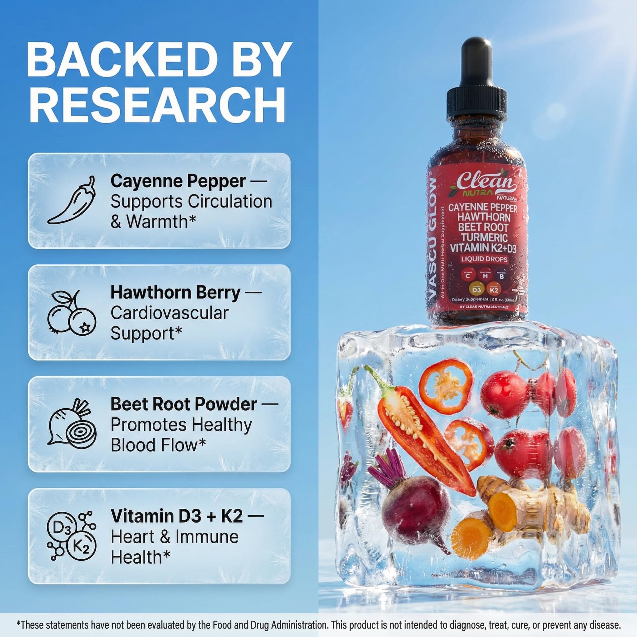 Clean Nutra Cayenne Pepper Drops Supplement Liquid + Hawthorn Berry, Vitamin D3 K2 Beet Root Powder, Ceylon Cinnamon, Turmeric Curcumin, Organic Panax Ginseng, Berberine Extract 1 Pack Clean Nutraceuticals Au supplements