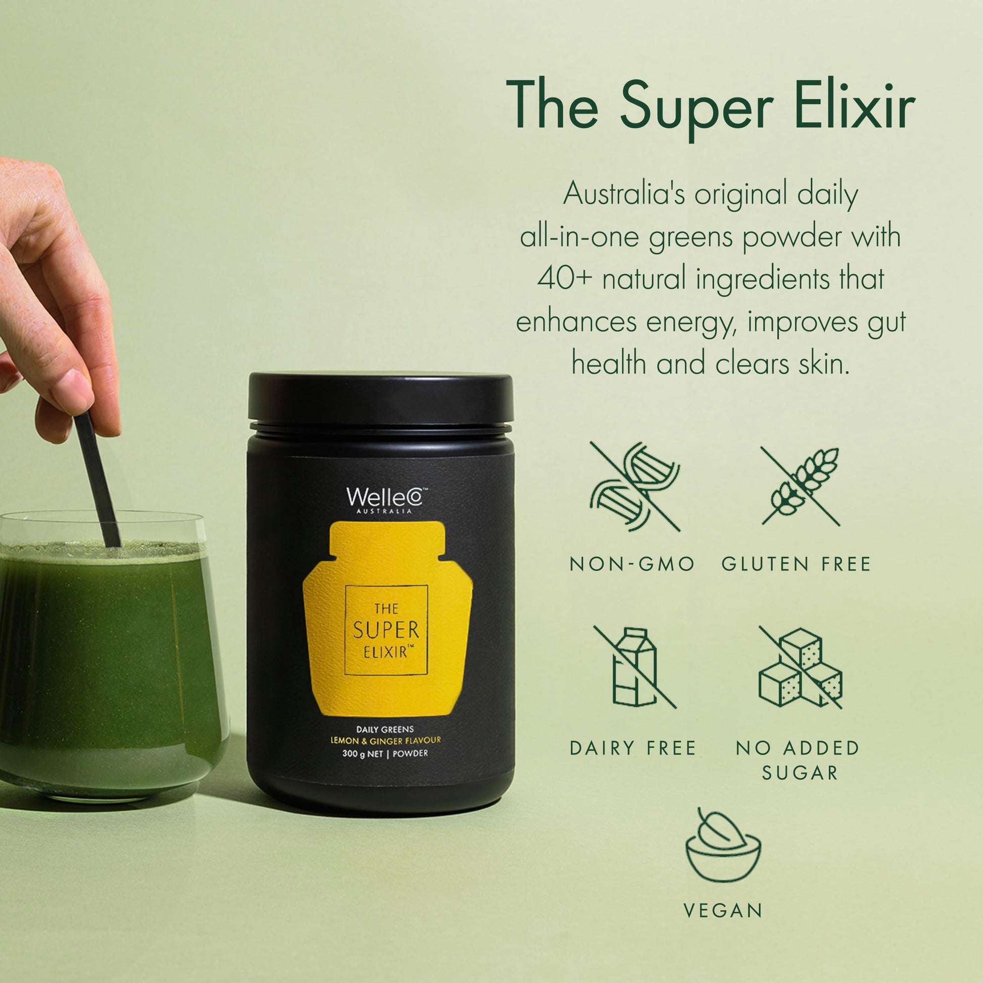WelleCo The Super Elixir Daily Greens Powder, Probiotic Drink Mix with Whole Foods, Gluten Free, Vegan Gut Health Powder, Energy, Immunity, Healthy Skin, Hair & Nails (300g, Lemon Ginger) WelleCo Au supplements