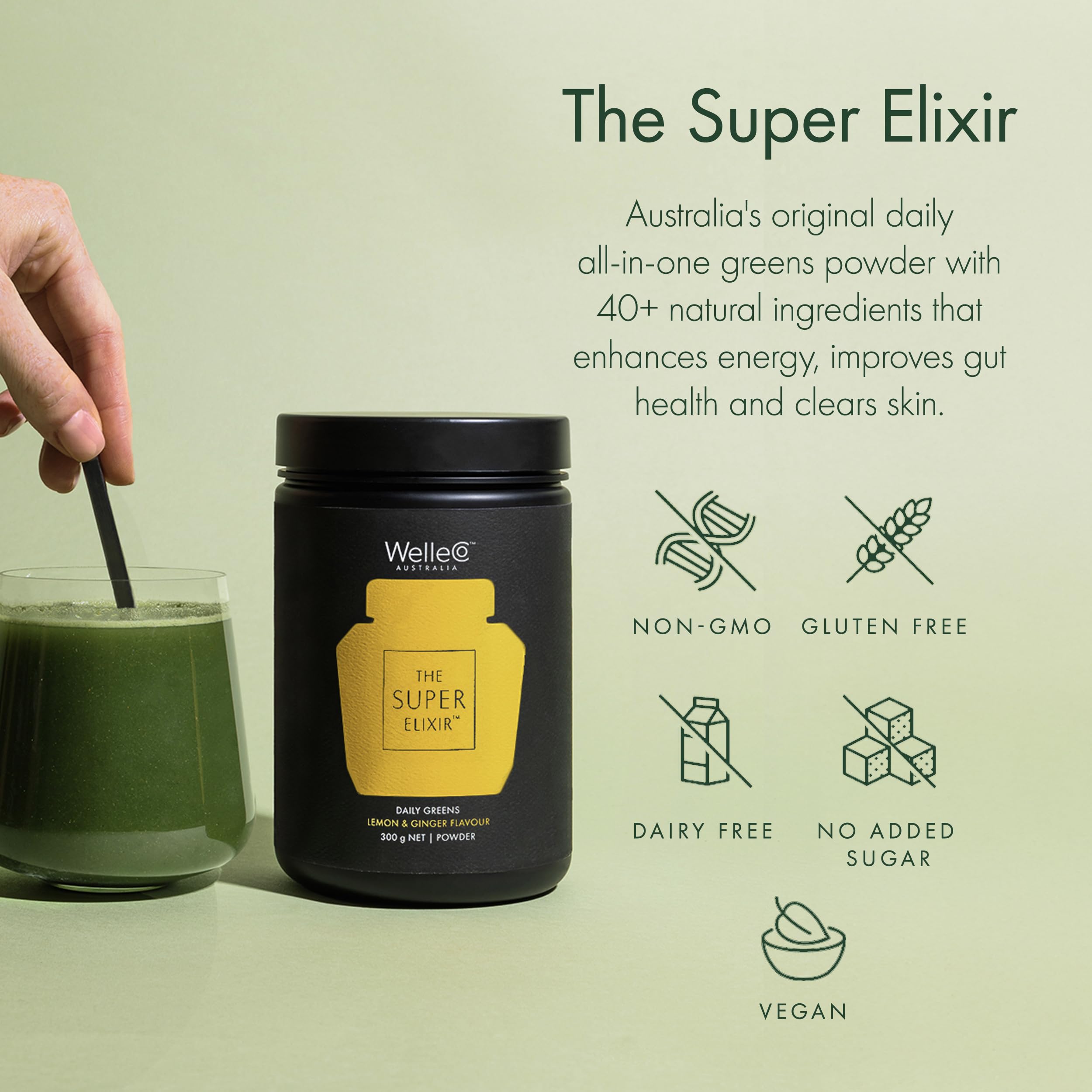 WelleCo The Super Elixir Daily Greens Powder, Probiotic Drink Mix with Whole Foods, Gluten Free, Vegan Gut Health Powder, Energy, Immunity, Healthy Skin, Hair & Nails (300g, Lemon Ginger) WelleCo Au supplements