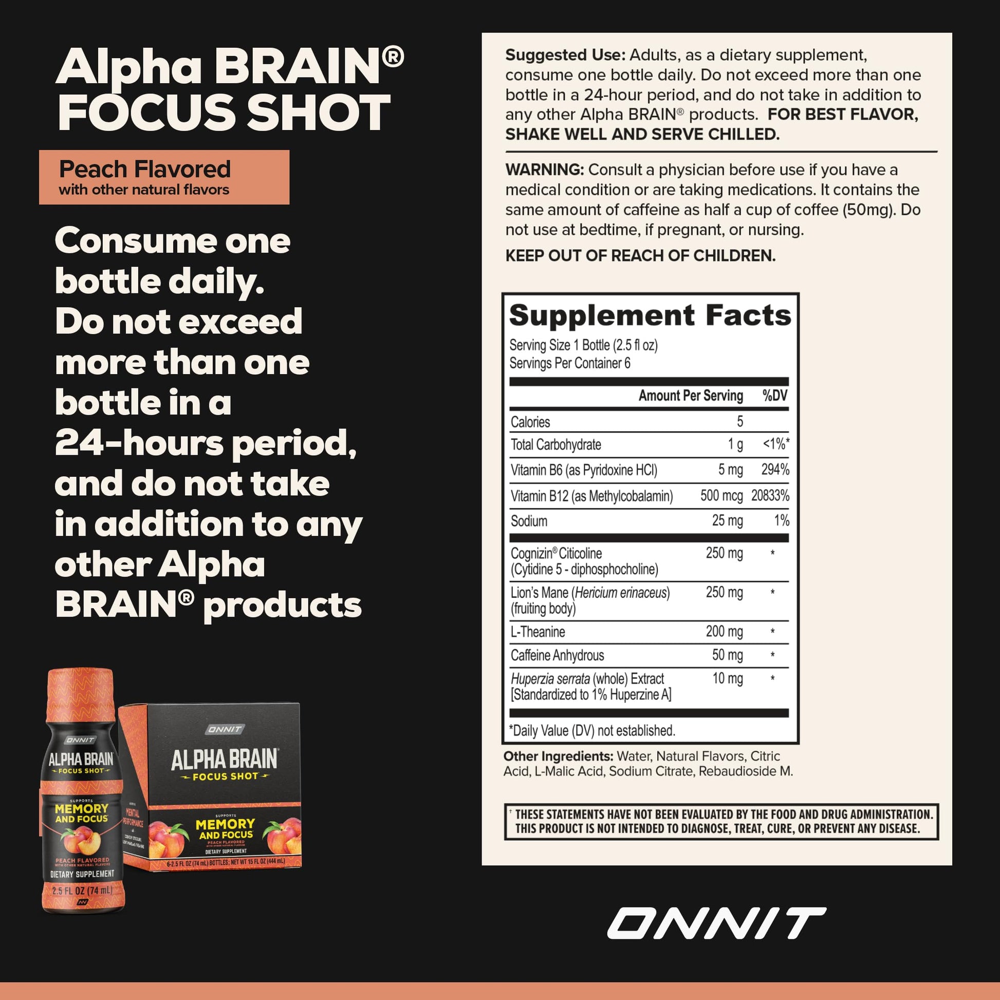 ONNIT Alpha Brain Focus Shot, Peach Flavor, Nootropic Dietary Supplement Drink That Supports Energy, Focus, and Mood, IGEN™ Non-GMO Tested, 2.5 fl oz, 6 Count ONNIT Au supplements