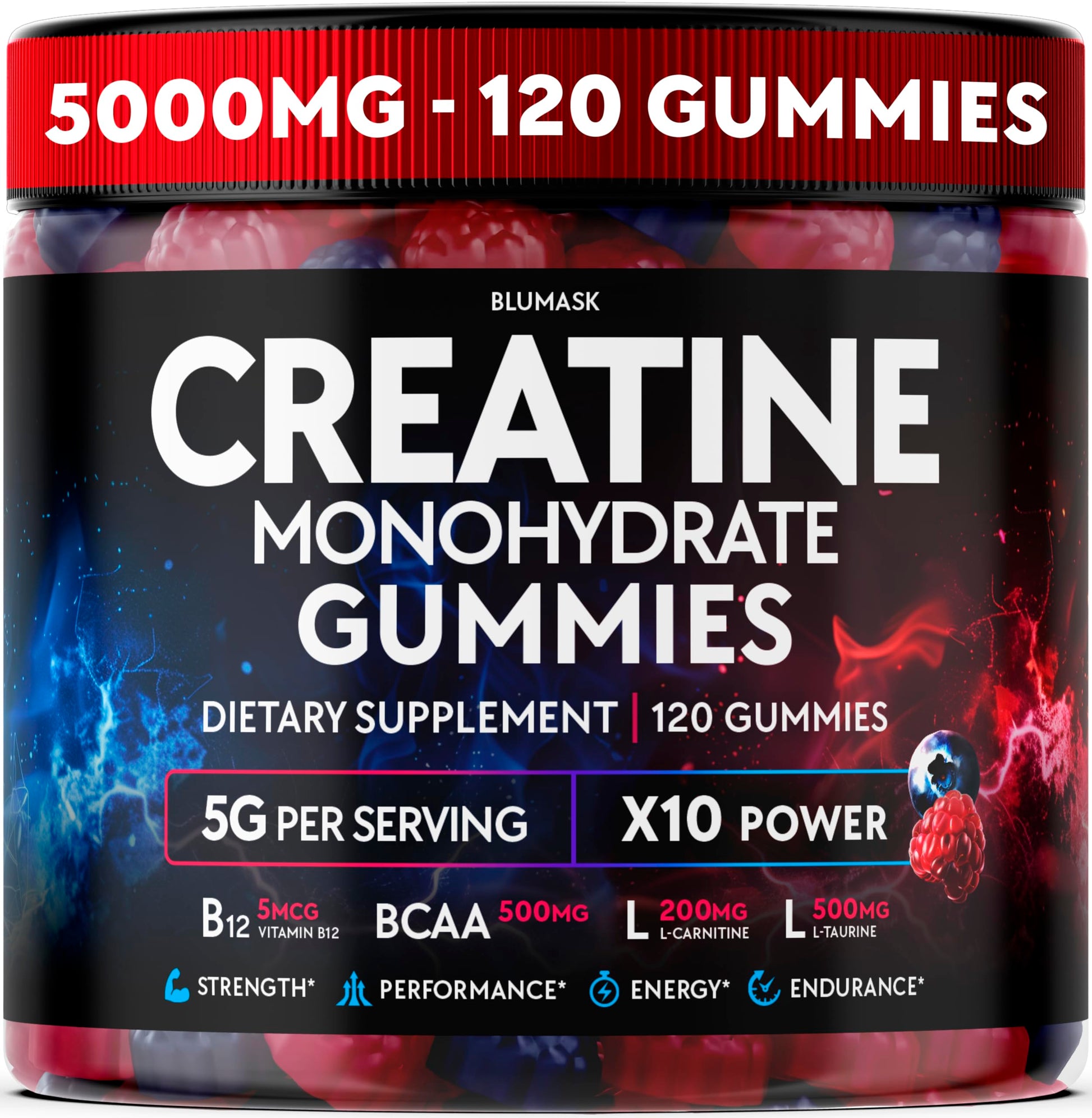 Creatine Monohydrate Gummies Complex 5000 MG for Men & Women, Preworkout Gummy with BCAA, L-Carnitine, Taurine & Vitamin B12 for Muscle Growth, Strength & Energy Support , Flavored and Chewable Blumask Lab Au supplements