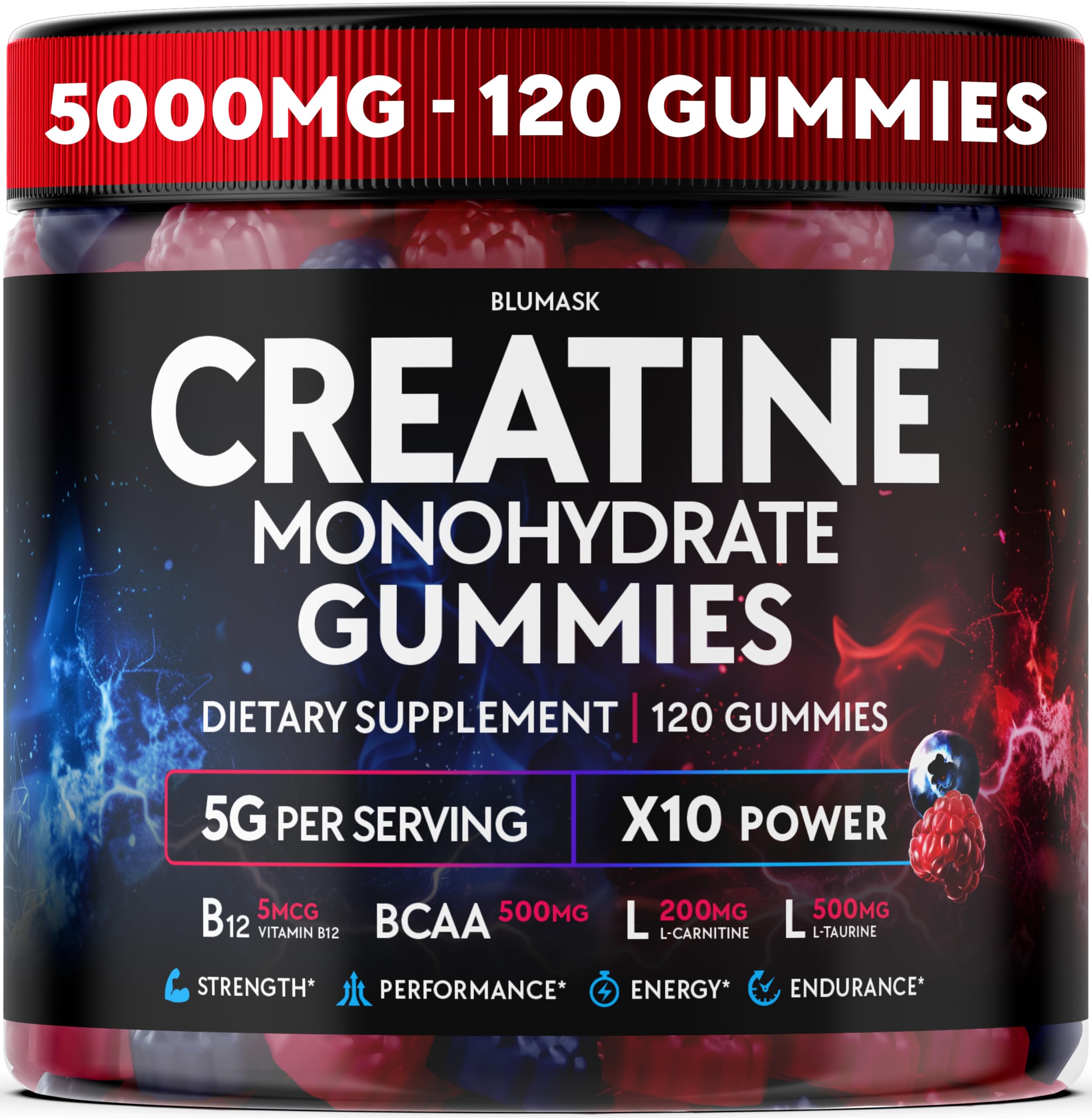 Creatine Monohydrate Gummies Complex 5000 MG for Men & Women, Preworkout Gummy with BCAA, L-Carnitine, Taurine & Vitamin B12 for Muscle Growth, Strength & Energy Support , Flavored and Chewable Blumask Lab Au supplements