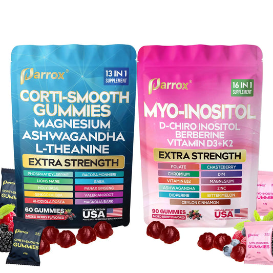 Soothe & Smooth Bundle Gummies - Cortisol & Myo-Inositol Supplement with D-Chiro Inositol, Berberine, Magenesium, Ashwagandha, L-Theanine, Vitamins D3+K2 & B12, Folate, Zinc Lion's Mane (150 Gummies) ParroxAU supplements