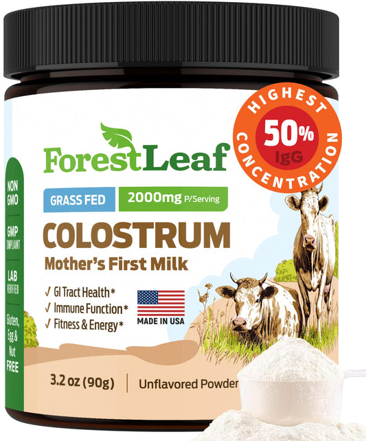ForestLeaf Colostrum Powder 50% IgG Highest Pure Concentration, Grass Fed Colostrum Supplement for Gut Health, Immune Support and Muscle Recovery, Bovine Colostrum for Humans, Unflavored, 45 Servings ForestLeafAu supplements