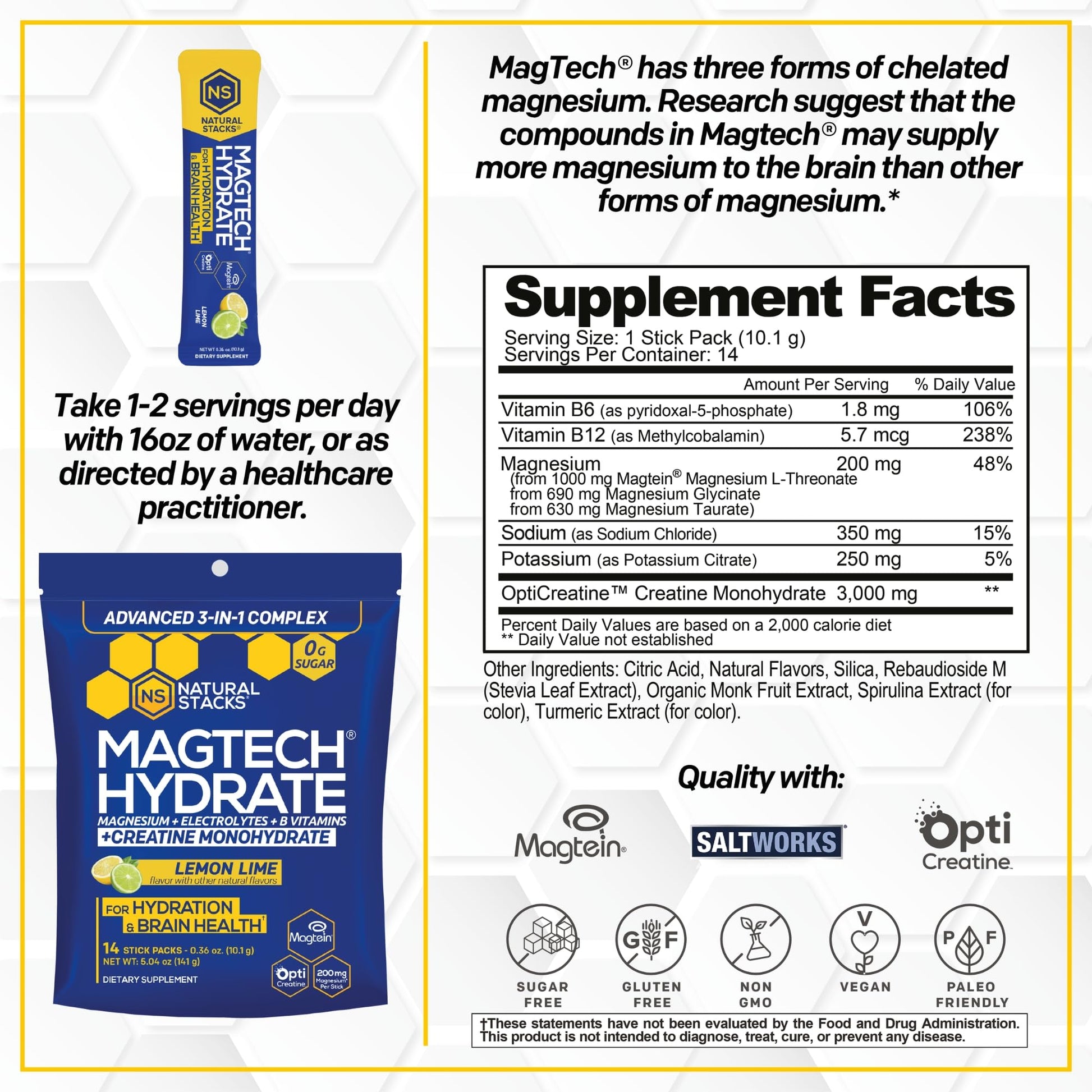 NATURAL STACKS Magtech Magnesium Hydrate + Creatine - Sugar Free Electrolyte Drink - Magtein Magnesium L-Threonate, Glycinate & Taurate - Supports Hydration & Cellular Energy - 14 Hydration Packets NATURAL STACKS Au supplements