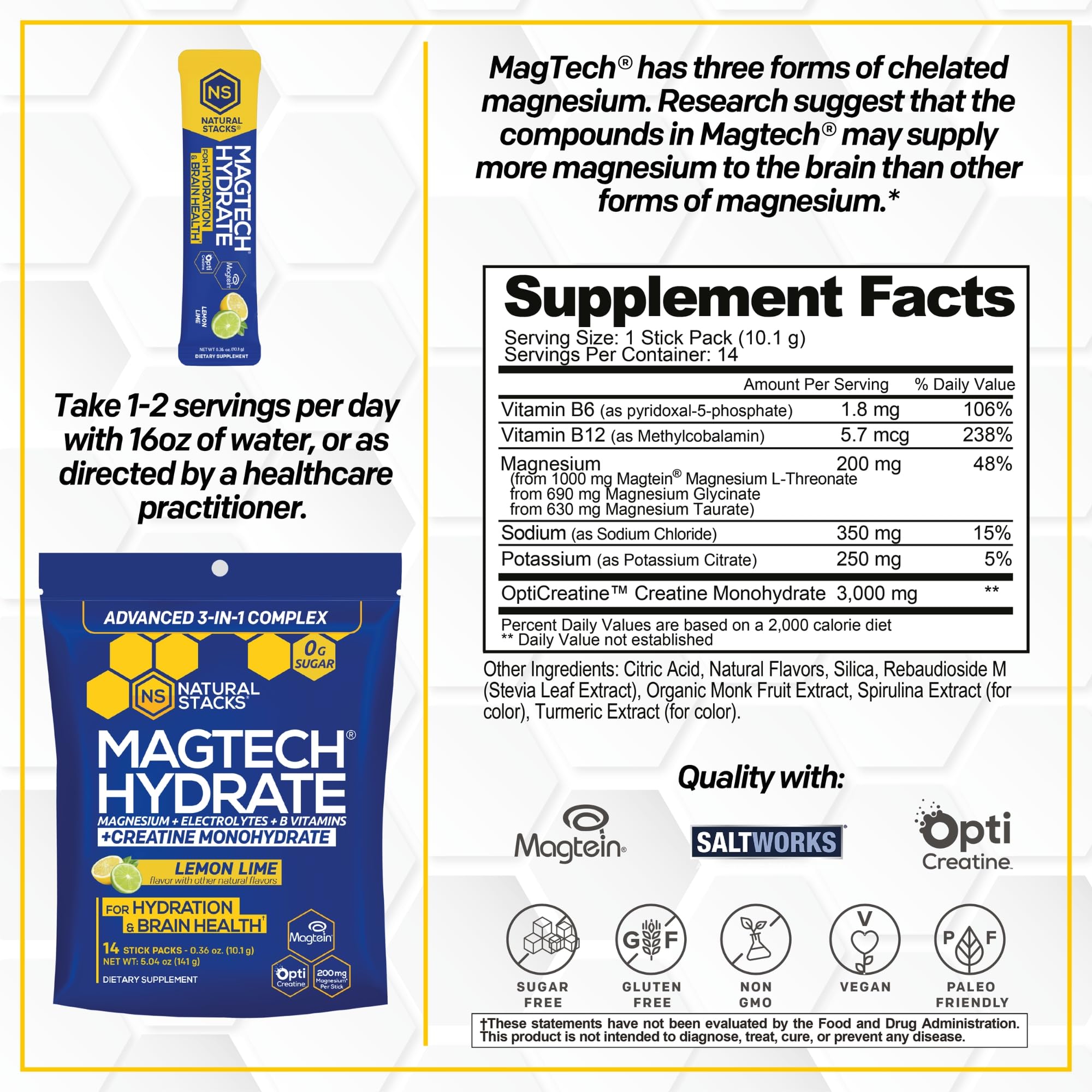 NATURAL STACKS Magtech Magnesium Hydrate + Creatine - Sugar Free Electrolyte Drink - Magtein Magnesium L-Threonate, Glycinate & Taurate - Supports Hydration & Cellular Energy - 14 Hydration Packets NATURAL STACKS Au supplements