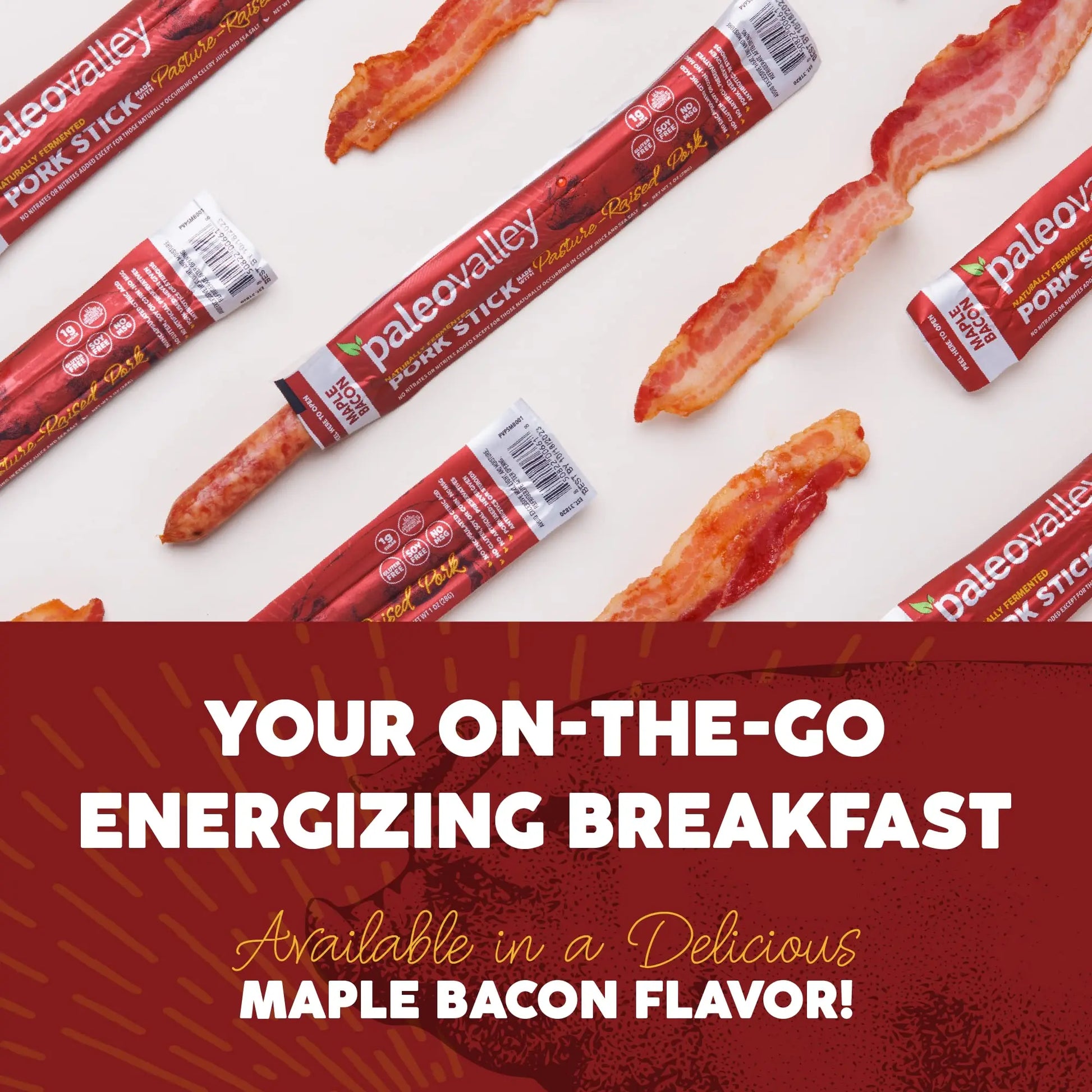 Paleovalley Pasture-Raised Pork Sticks - Maple Bacon Flavor Meat Sticks Individually Wrapped, 28g - 10 Sticks - Gluten-Free Protein Snack Paleovalley Au supplements