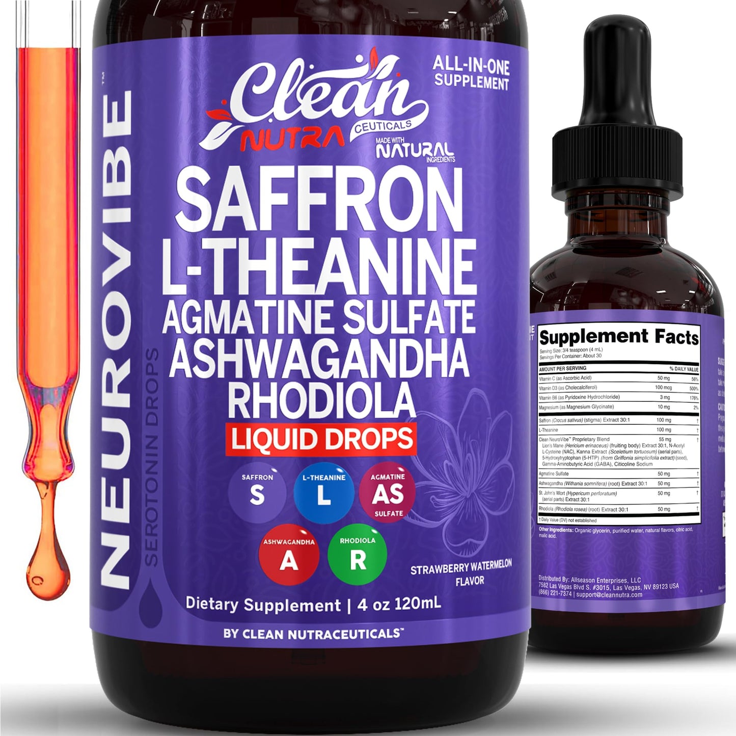 Saffron Supplements Liquid Drops L-Theanine Agmatine Sulfate Ashwagandha Magnesium Glycinate B6 Magnesium Stress Relief Mood Support 5-HTP GABA Supplement Vitamin D 4oz by Clean Nutra Clean Nutraceuticals buy supplements Au