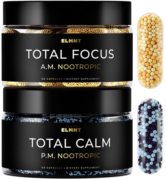 AMPM Nootropic Total Focus + Calm 9X Strength w. Caffeine, L-Theanine, Alpha GPC, L-Tyrosine, Ashwagandha - X-Release Energy Pills Nootropics Brain Support Supplements for Memory and Focus Supplement TERRA ELMNTAU supplements