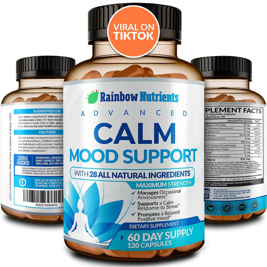 28 in 1 Calm Mood Support Supplement- Natural Happy Pills for Occasional Anxiousness & Stress, Worry feelings, Relaxation, Mental Clarity | Max Sleep & Mood Support for Women & Men|120 Vegan Capsules Rainbow Nutrients, LLCAU supplements