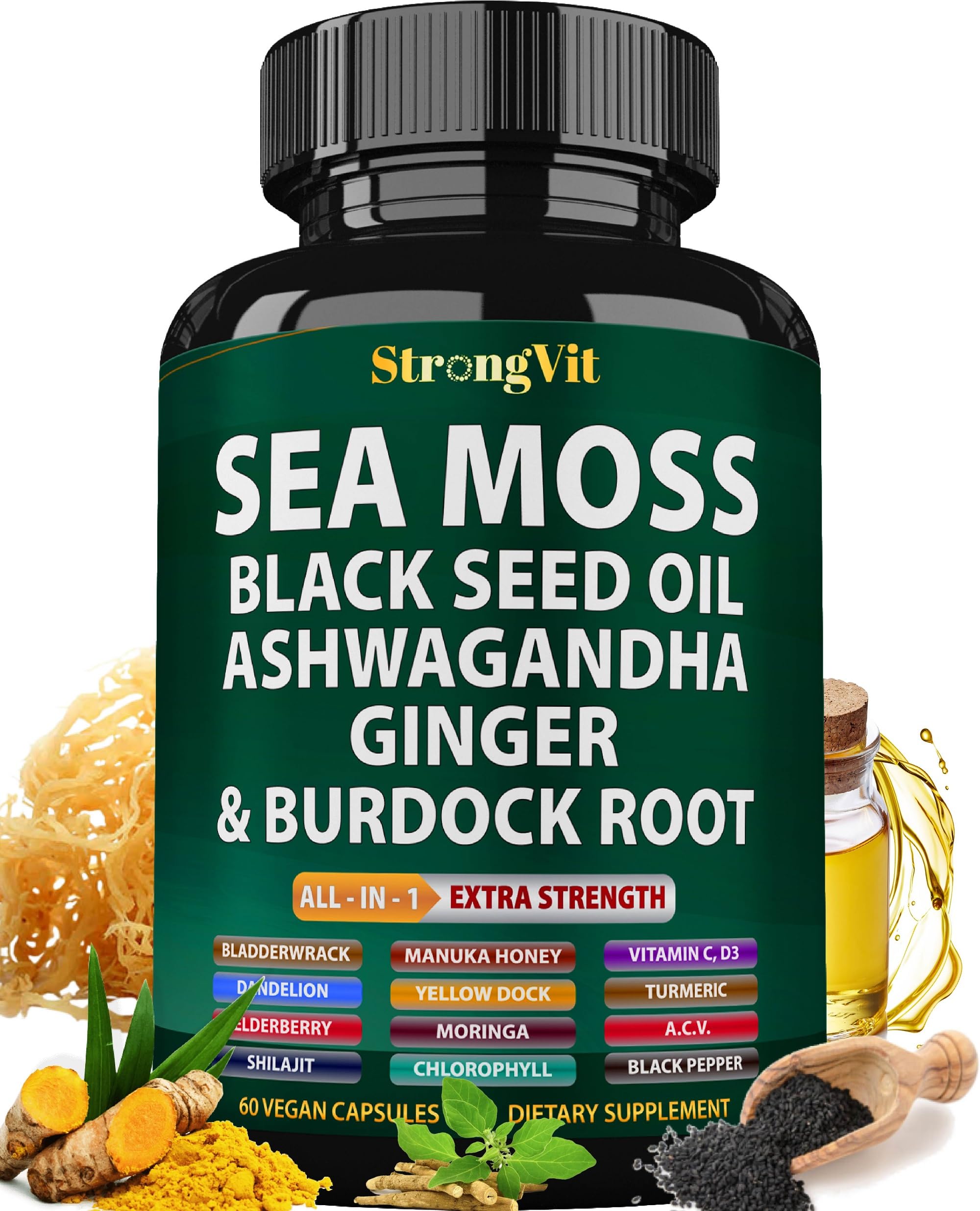 StrongVit Sea Moss Black Seed Oil Ashwagandha Ginger, Organic Sea Moss Capsules with Burdock Root, Irish Seamoss Pills with Bladderwrack, Advanced Multimineral Supplement, USA StrongVit Au supplements