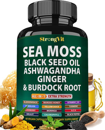 StrongVit Sea Moss Black Seed Oil Ashwagandha Ginger, Organic Sea Moss Capsules with Burdock Root, Irish Seamoss Pills with Bladderwrack, Advanced Multimineral Supplement, USA StrongVit Au supplements