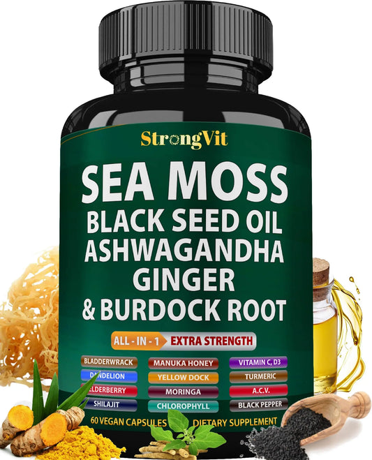 StrongVit Sea Moss Black Seed Oil Ashwagandha Ginger, Organic Sea Moss Capsules with Burdock Root, Irish Seamoss Pills with Bladderwrack, Advanced Multimineral Supplement, USA StrongVitAU supplements