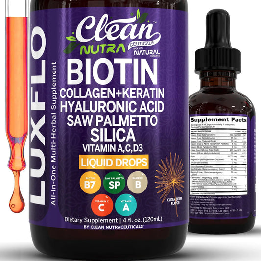 Liquid Biotin & Collagen Keratin Hyaluronic Acid Saw Palmetto Drops Vitamins for Hair Growth Support Silica Vitamin A C D Bamboo Turmeric Zinc Folate Magnesium Horsetail LuxFlo By Clean Nutra Clean NutraceuticalsAU supplements