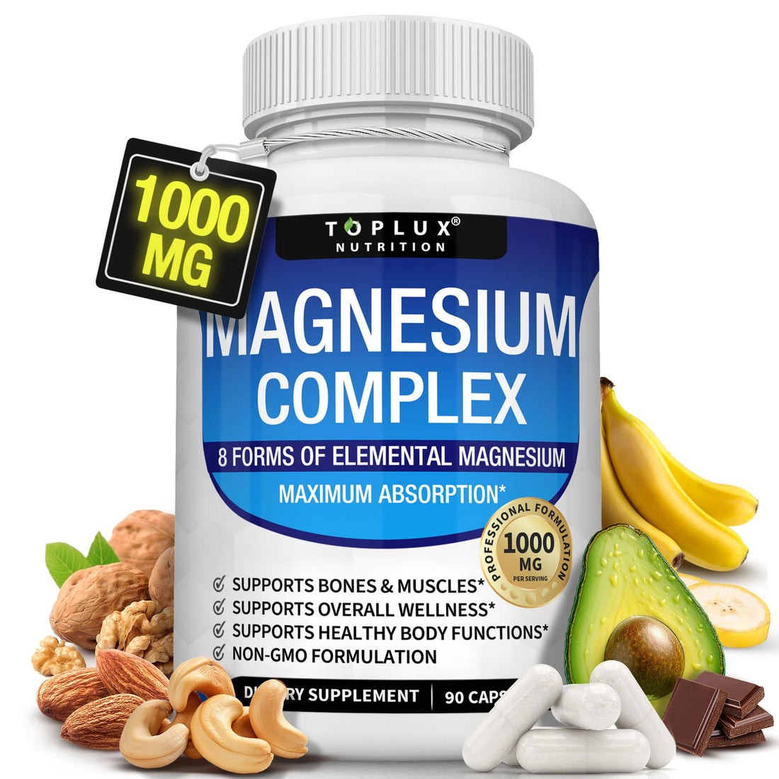 Magnesium Complex Supplement 8 Elemental 1000mg - Magnesium Glycinate, Citrate, Malate, Taurate, Chelated for Easy Absorption for Bones, Muscle, Recovery, Energy, Vegan Non-GMO 90 Capsules Toplux Au supplements