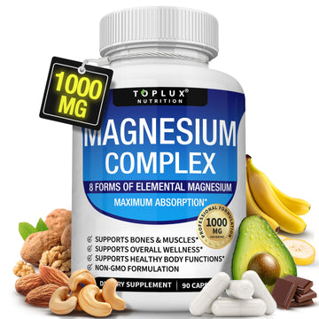 Magnesium Complex Supplement 8 Elemental 1000mg - Magnesium Glycinate, Citrate, Malate, Taurate, Chelated for Easy Absorption for Bones, Muscle, Recovery, Energy, Vegan Non-GMO 90 Capsules Toplux Au supplements