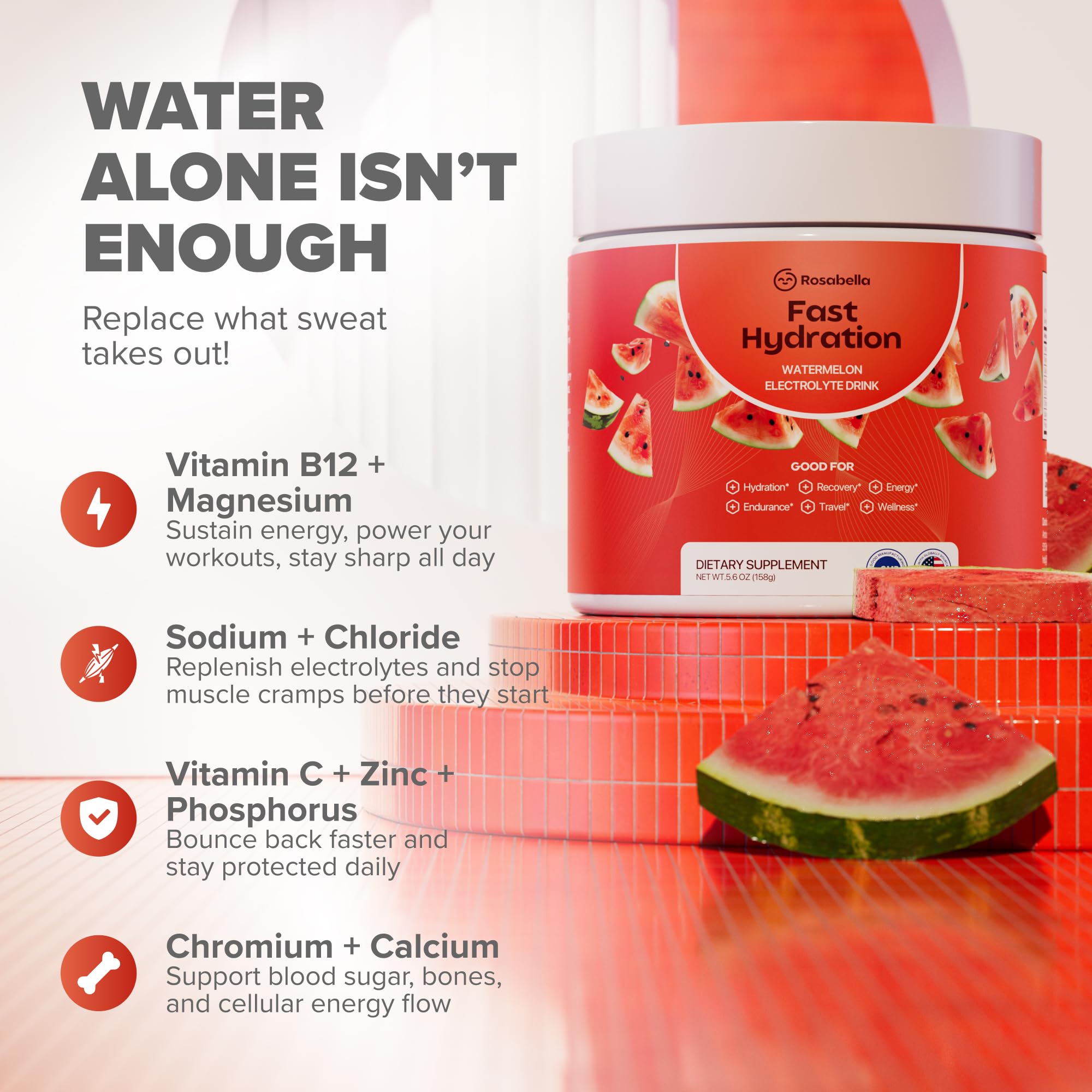 Rosabella Electrolyte Drink Powder – Watermelon – Sugar-Free Hydration Drink Mix – Electrolytes Powder with Sodium, Potassium, Magnesium, Calcium