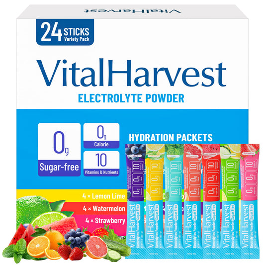 24 Sticks Electrolytes Powder Packets 7 Flavors Sugar Free Hydration Packets Liquid Daily IV Drink Mix, Low Sodium, Lemon Lime, Watermelon, Strawberry, Grape VitalHarvestUS supplements