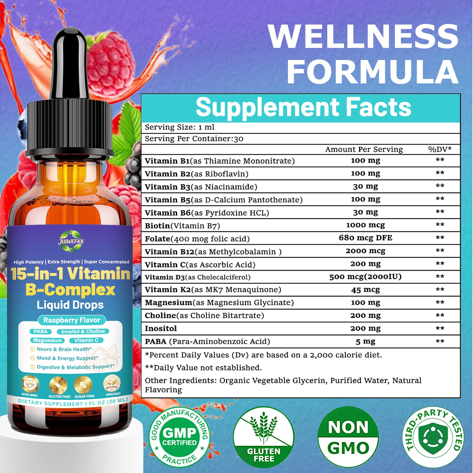 Advanced Vitamin B Complex Liquid Drops for Women Men & Kids, 15-in-1 VIT B Complex with Vitamin C B12 B6 B1 Niacin Folate for Brain Nerve Neuropathy Energy Mood Health, Sublingual B-Complex Drops JUIWEFKK Au supplements