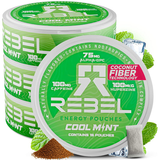 Rebel Nootropic Energy Caffeine Pouches (Cool Mint) • 100mg Caffeine • Alpha GPC • Huperzine A & Essential Vitamins • Sugar-Free • Coconut Fiber Technology • 15 Pouches Per Can (Pack of 4) Rebel SupplementsAU supplements