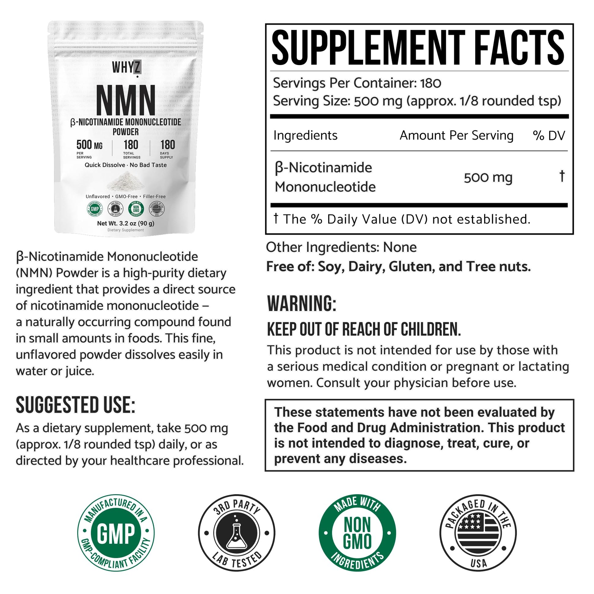Pure NMN Powder Nicotinamide Mononucleotide Quick Dissolved NMN Supplement Powder 100% Unflavored NMN Supplement Supports NAD+ Levels Vegan Friendly Non-GMO, 180 Servings, 3.2 oz (90g) WHYZ Au supplements
