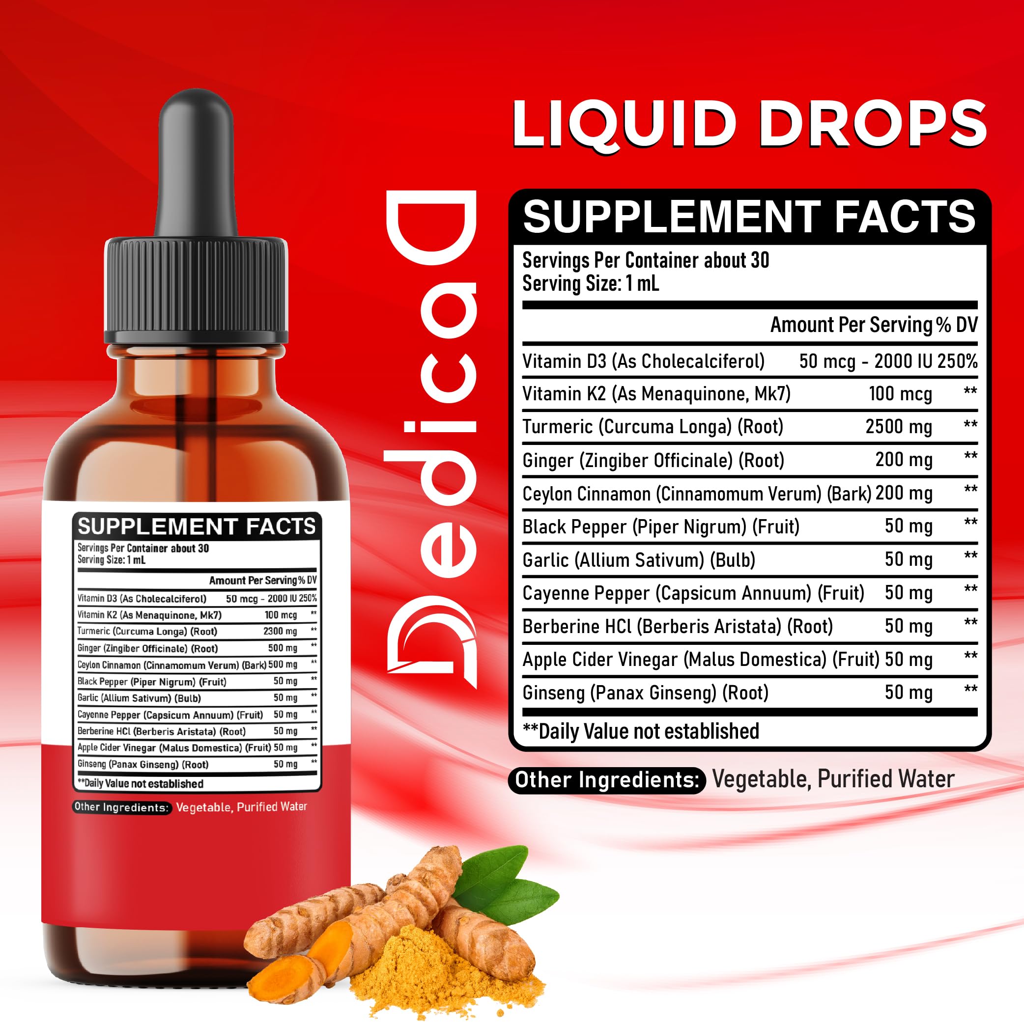 11in1 Liquid Turmeric Supplement – with Ginger, Garlic, Ceylon Cinnamon, Berberine, Ginseng, Apple Cider Vinegar – 1 Fl Oz – 30 Servings DEDICAD Au supplements