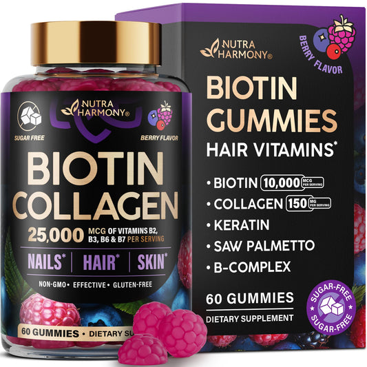 Biotin Gummies with Collagen - Hair Growth Support Skin, & Nail Strength - for Women & Men - Biotin 10000mcg | Keratin | Hyaluronic Acid | B-Complex | Saw Palmetto NUTRAHARMONYUS supplements