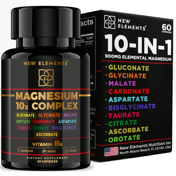Magnesium 10X Complex – 900mg Elemental Magnesium | Glycinate, Gluconate, Malate, Orotate, Carbonate, Asparate, Taurate, Citrate, Bisglycinate, Ascorbate + Vitamin B6 for Superior Absorption New Elements Au supplements
