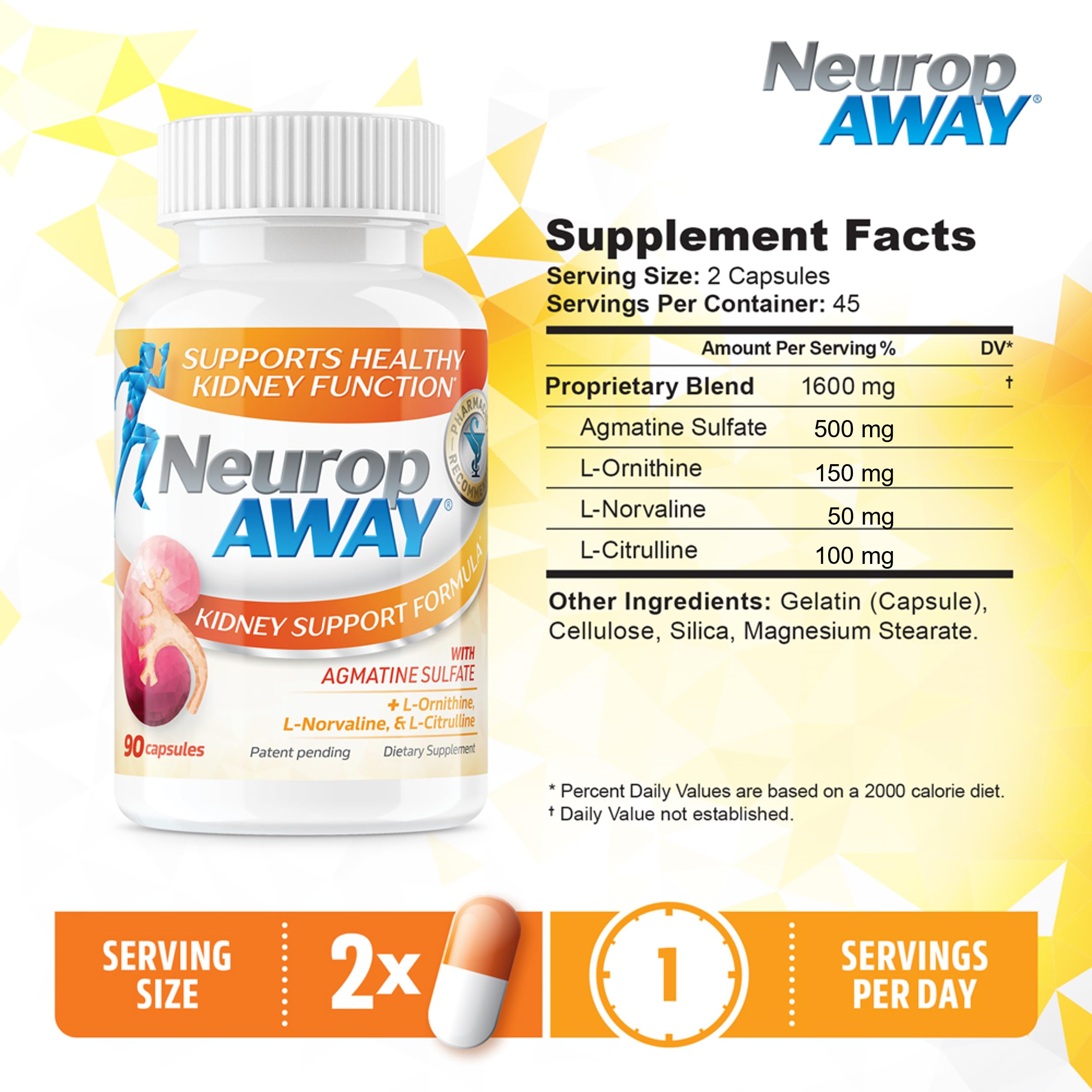 NeuropAWAY Kidney Support Formula Sugar Free with Agmatine Sulfate 500mg L-Novaline 50mg L-Ornithine 150mg L-Citrulline 100mg Per Capsule 90CT Fast Acting Kidney Support NeuropAWAY Au supplements