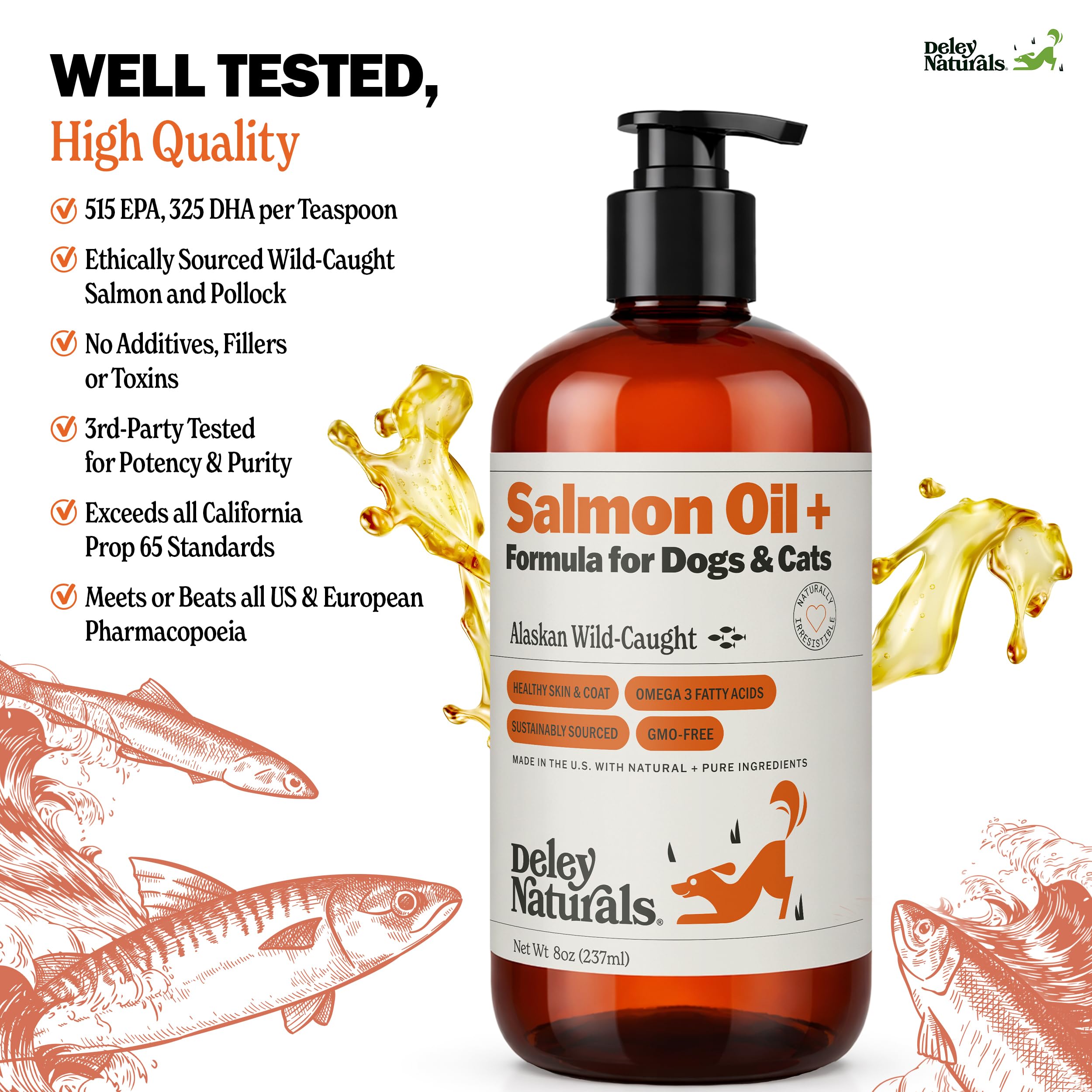 Deley Naturals Wild Alaskan Salmon Oil for Dogs & Cats - New and Improved Salmon Oil Plus Formula - Fish Oil for Dogs with Omega 3, DHA and EPA - Omega 3 for Healthy Skin and Coat - 8oz Made in USA Deley Naturals Au supplements