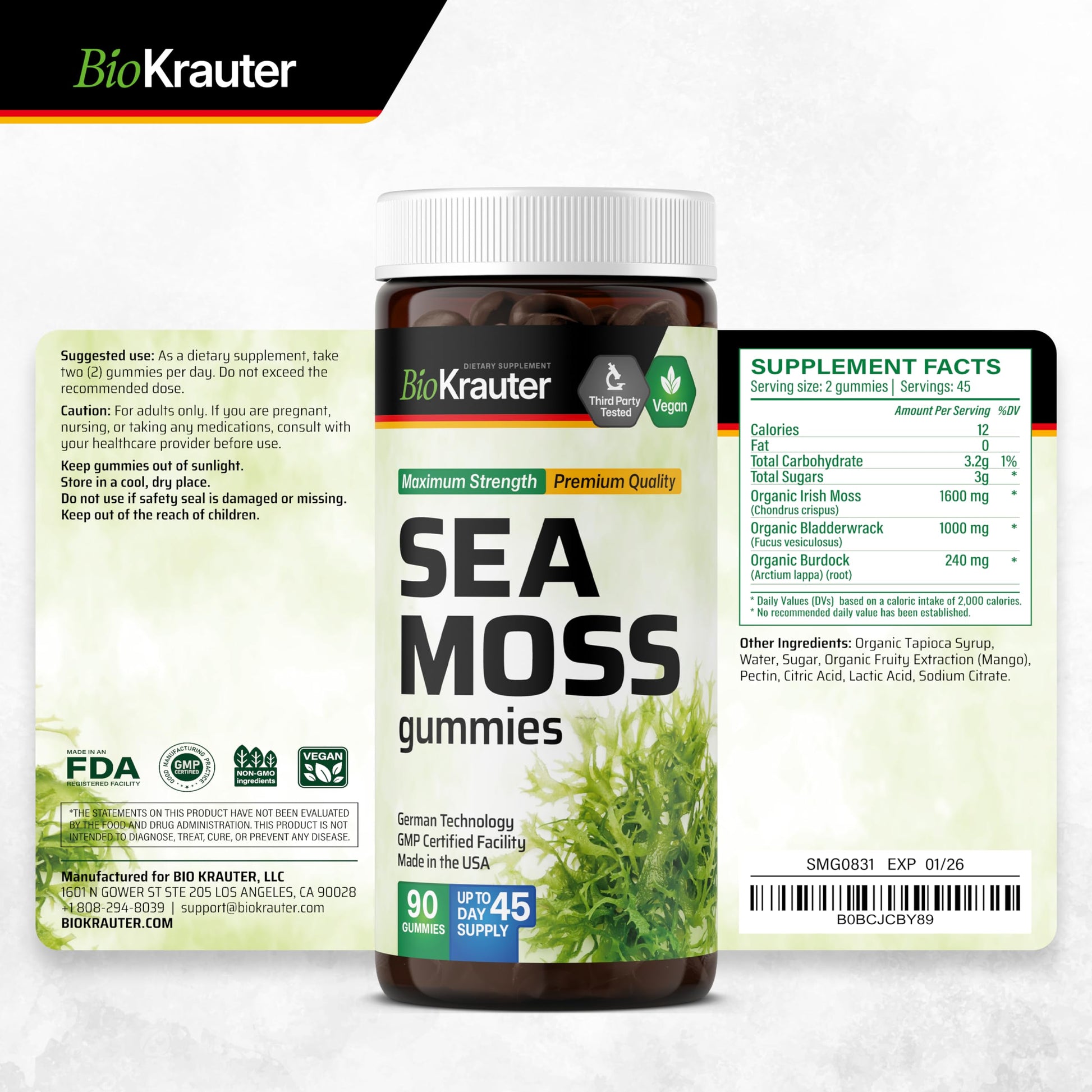BIO KRAUTER® 3-in-1 Sea Moss for Thyroid Support - Vegan Sea Moss Gummies with Bladderwrack & Burdock Root for Women & Men - 90 Gummies Chondrus Crispus Formula, 45 Days of Supply, Mango Flavor BIO KRAUTER Au supplements