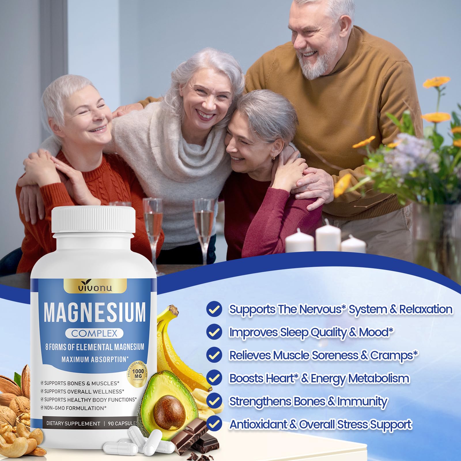 1000mg Magnesium Complex for Women & Men*, 8 Elemental with Magnesium Glycinate, Citrate, Malate, Taurate, Oxide, Carbonate, Aspartate, Orotate for Bones, Muscle, Recovery, Energy, Vegan, 90 Capsules VivoNu Au supplements