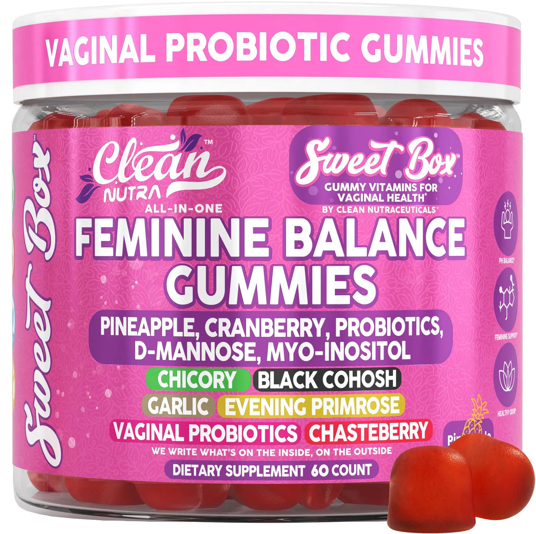 Clean Nutra Feminine Balance Gummies for Women Pineapple VaginalProbiotics pH Balance Cranberry D Mannose Supplement Inositol Black Cohosh Evening Primrose Garlic Vitex GLA Prebiotics Folate 60ct Clean Nutraceuticals uk supplements