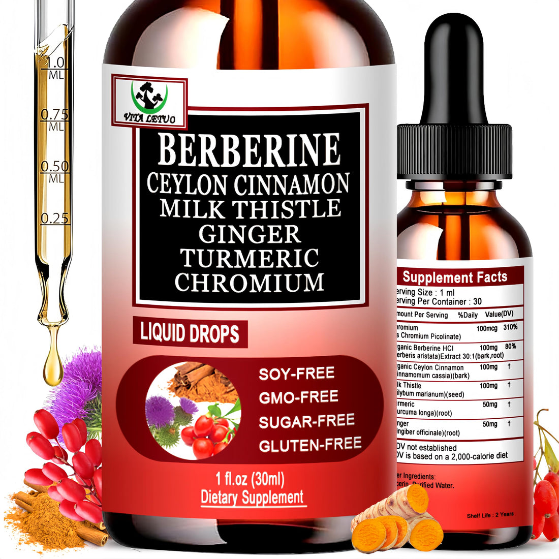 Berberine Drops, High Absorption 6-in-1 Liquid Berberine Supplement with Ceylon Cinnamon Milk Thistle Turmeric, Premium Berberine HCl for Immune Function Metabolic & Digestive Support, 30 Servings Vita letuo Au supplements