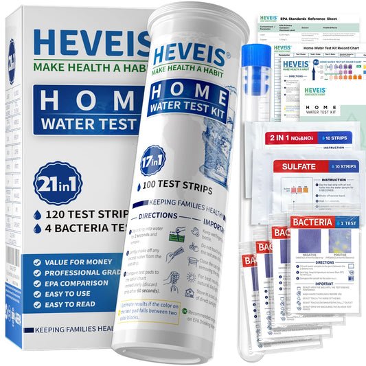 21-in-1 Home Drinking Water Testing Kit - 120 Strips + 4 Bacteria Tests - Tap and Well Water Test Kit, Easy to Test and Read for Hardness, Lead, Iron, Fluoride, pH, Copper, Bacteria and More HEVEISAU supplements