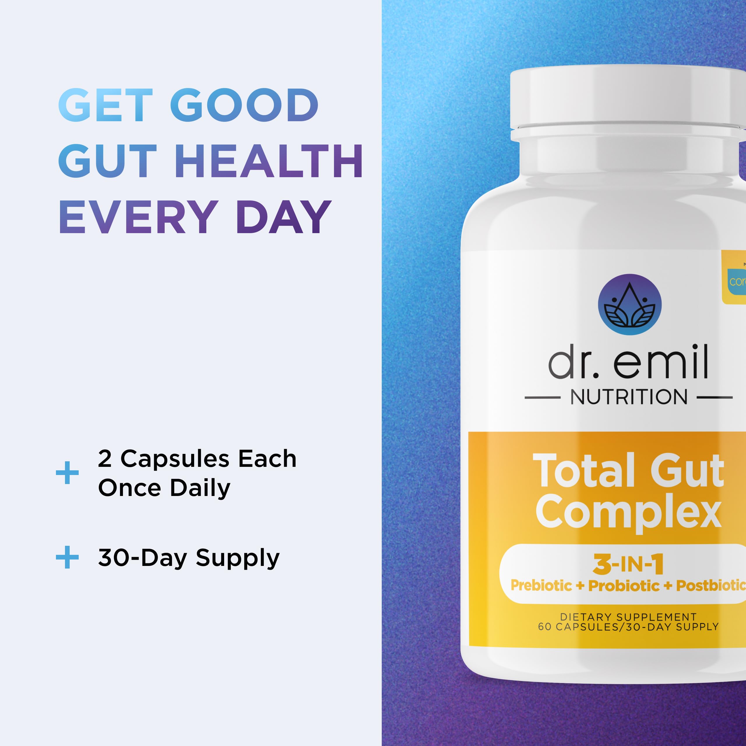 DR. EMIL NUTRITION Total Gut Health Complex - Prebiotic, Probiotic & Postbiotic Supplement - Supports Digestive Health, Bloating & Gut Balance - Non-GMO & Soy-Free - 60 Capsules DR. EMIL NUTRITION Au supplements